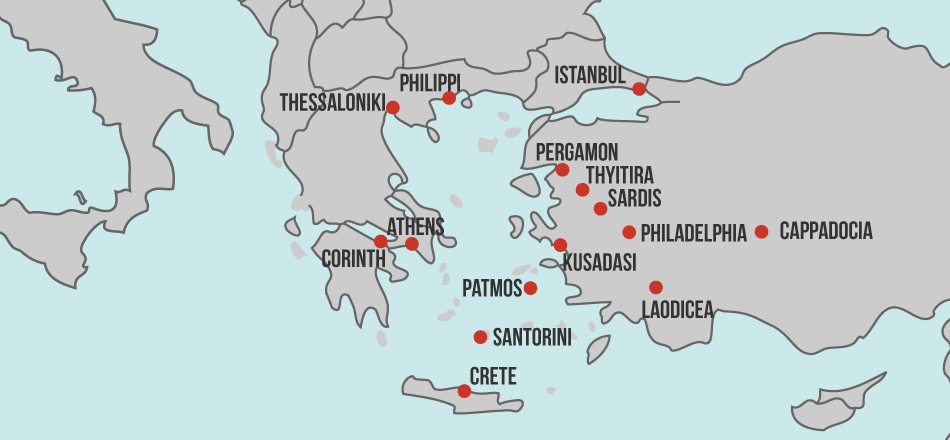 Footsteps of Paul Map, including the Seven Churches of Revelation