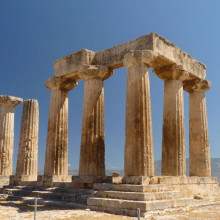 The ruins of the ancient city of Corinth, Greek columns and the remains of a structure