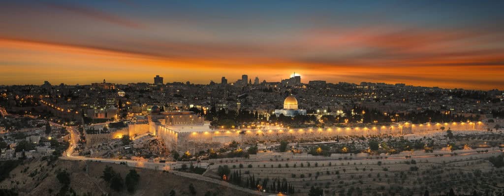 Overlook of the city of Jerusalem at Sunset as we will see it on out tour to the Holy Land, Temple Mount in the distance
