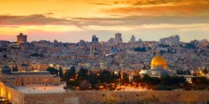 View of Jerusalems Old City in Israel at Sunset