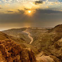 Sunrise Over Dead Sea and Desert Wadi of Nahal Dragot