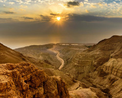 Sunrise Over Dead Sea and Desert Wadi of Nahal Dragot