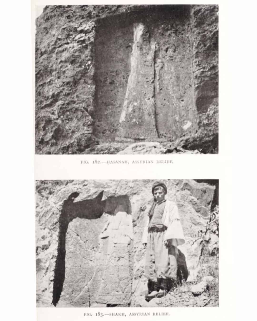 Assyrian rock relief on Mount Cudi photographed by Gertrude Bell in 1909, showing a carved royal figure in a rock niche.