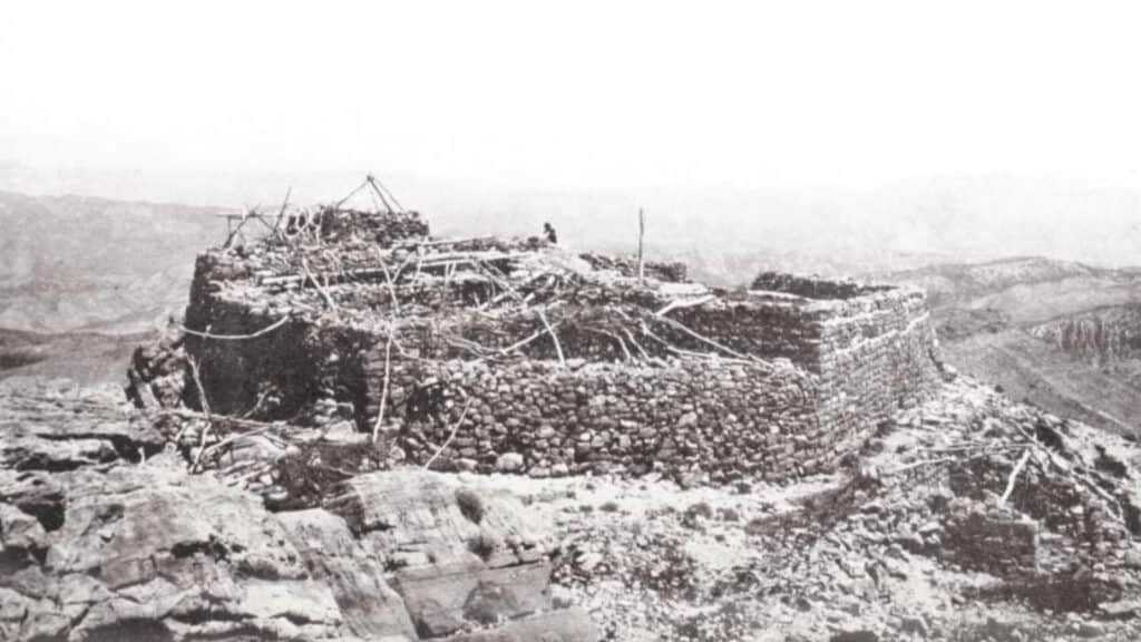 Gertrude Bell's 1909 photograph of the ruined shrine on the summit of Mount Cudi, the traditional landing place of Noah's Ark.